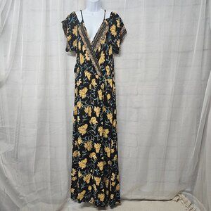 Xhiliration Black Tan Maxi Peasant Dress Floral Cold Shoulder Boho 2X